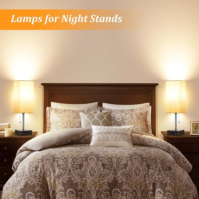 Table Lamp for Bedroom set of 2,3-Color Bedside Lamps with Pull Chain Table Lamps for Nightstand with AC Outlets,Night Light Lamps with 2 Bulbs Lamps for Living Room Kids Office Decor(Black+Cream)