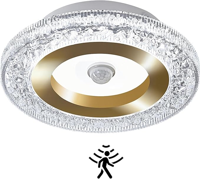 UOFUS 7.84inch Mini Motion Sensor LED Ceiling Light Indoor Wired Gold Flush Mount Light Fixture 6400K Motion Activated Light for Closet Hallway Laundry Stairs Shower Porch Garage Basement
