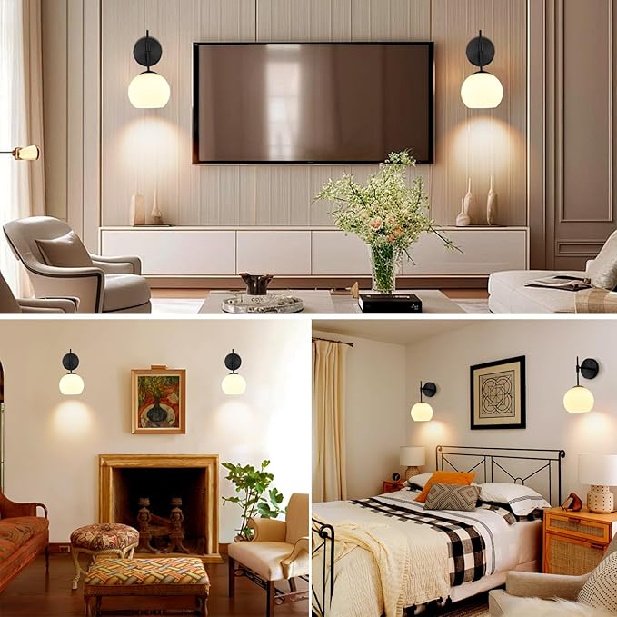 Battery Operated Wall Sconces Set of 2, Rechargeable Wall Lights with Frosted Glass Shade, 12 RGB and 3CCT Dimmable, Wall Lamps with Remote for Bedroom Living Room Hallway, Black