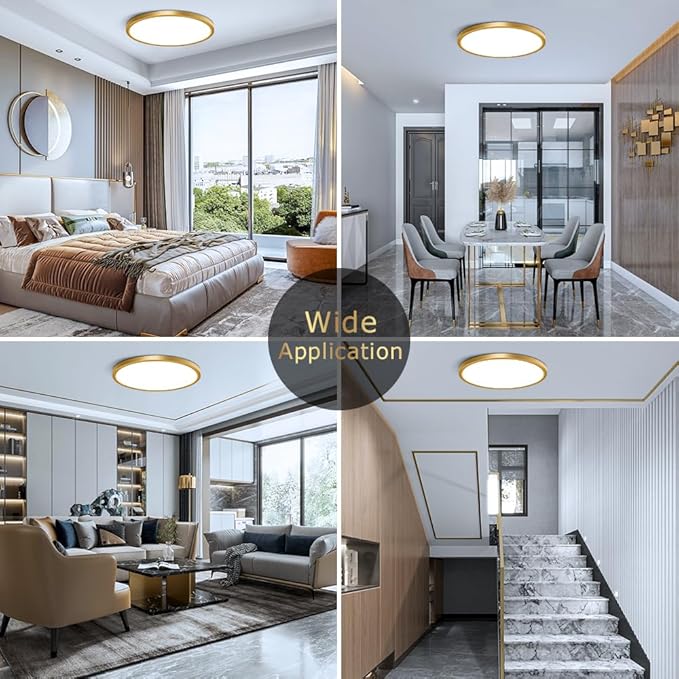 12Inch Gold Flush Mount Ceiling Light Fixture , 24W(240W Equivalent), 3200LM, 6000K Cool White, IP40, Flat Modern Round LED Ceiling Lights for Bedrooms, Living Rooms, Bathrooms, Stairwells, etc.