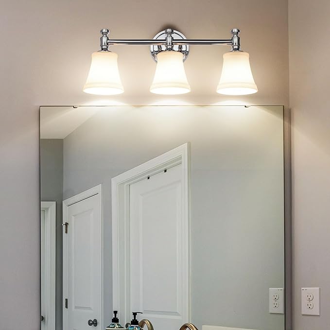 Bathroom Vanity Light Fixtures, Traditional Chrome 3 Lights Wall Sconce Lighting with Opal Glass Shade, Porch Wall Mount Light Fixture for Bathroom, Mirror Cabinets Hallway Stairs