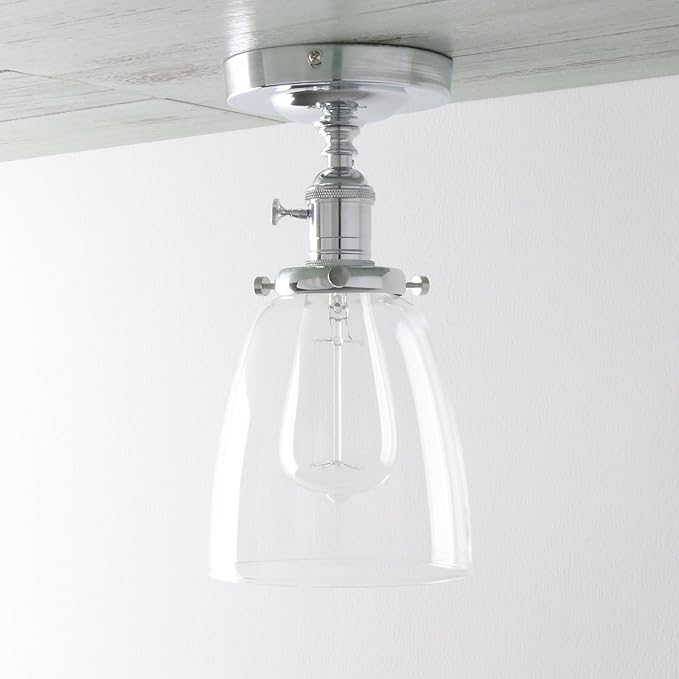 PERMO Modern Small Semi Flush Mount Ceiling Pendant Light Glass Ceiling Lights Hallway Fixtures with Flate Ribbed Glass Lampshade, 1-Light (Chrome, 292)