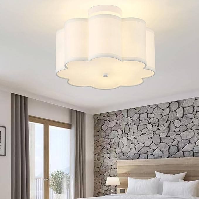 13.3"Semi Flush Mount Ceiling Light Fixture, 3-Light Modern Close to Ceiling Light With Fabric Flower-Shaped Shade, Light Fixtures Ceiling Mount for Bedroom Nursery Kids Room Living Room(White)