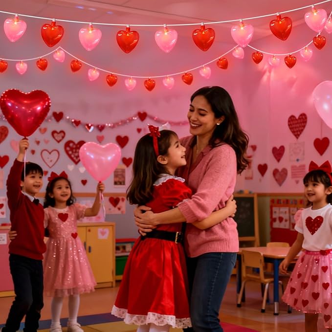 8.5Ft Valentines Day Decorations, Red & Pink Heart String Lights with 10 LED Clear Red and Pink Heart Lights, Connectable Romantic Valentine's Day Light for Wedding Valentine Anniversary Party