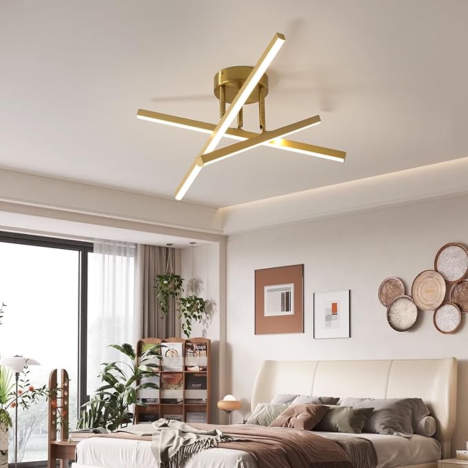 Gold Modern Sputnik Chandelier Ceiling Light Fixtures,3-Lights Industrial Metal Semi Flush Mount Ceiling Light for Bedroom Dining Room Living Room Kitchen Hallway(Gold, 3 Head)