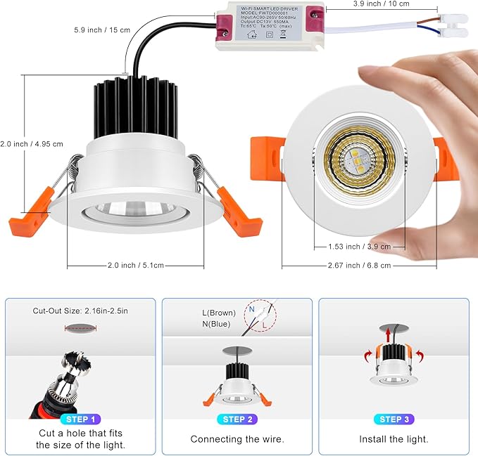 2 Inch Smart Recessed Lighting, 5W WiFi Recessed LED Lights, Dimmable RGB Color Changing & CCT 2700K–6500K, Compatible with Alexa & Google Home, 120V Recessed Ceiling Light with Driver (4 Pack)