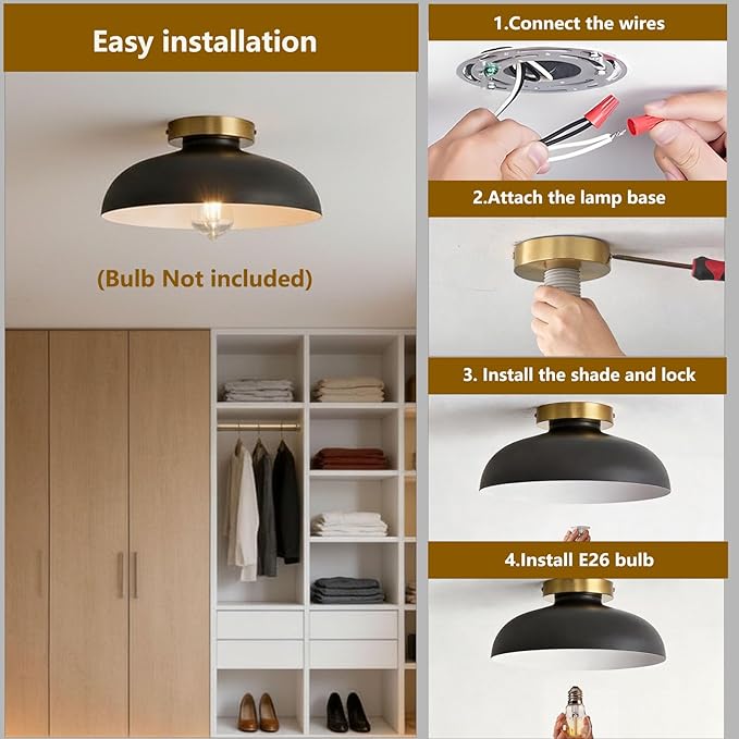 2 Pack Modern Semi Flush Mount Ceiling Light,Industrial Black and Gold Ceiling Fixtures,E26 Ceramic Lamp Head Light Fixture for Kitchen Entryway Hallway Laundry Room Bedroom Foyer 11.8 Inch