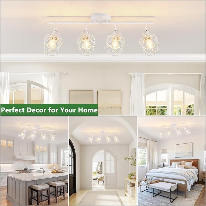 4-Lights Kitchen Light Fixtures Ceiling Mount, Adjustable Multi-Directional White Flush Mount Ceiling Light Fixture with Metal Cage, Modern Spot Ceiling Lamp for Hallway, Dining Room, Bedroom