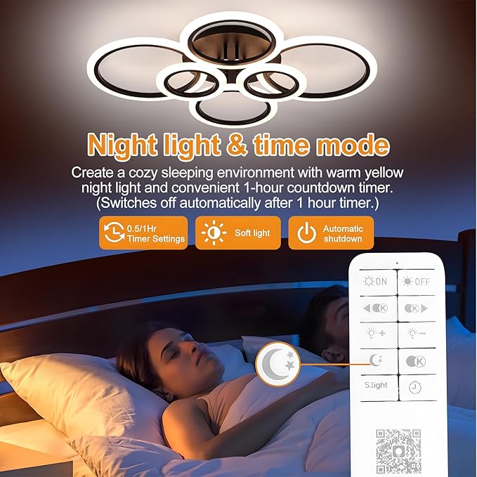 Modern Ceiling Lights 31.8" 68W, Dimmable Kitchen Lighting Fixtures Ceiling, 3000-6500K Light Fixture Ceiling Mount with Remote Control, Black 6 Ring LED Ceiling Light for Bedroom