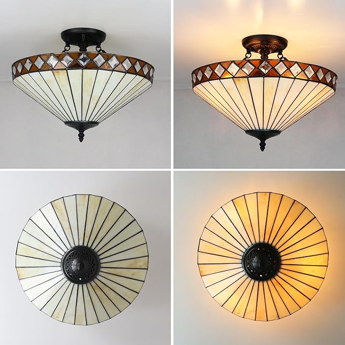 16.6-Inch Tiffany Style Semi Flush Mount Ceiling Light Vintage 3-Light Tiffany Ceiling Light Fixture Stained Glass Flush Mount Ceiling Light for Living Room Bedroom Hallway Staircase Foyer