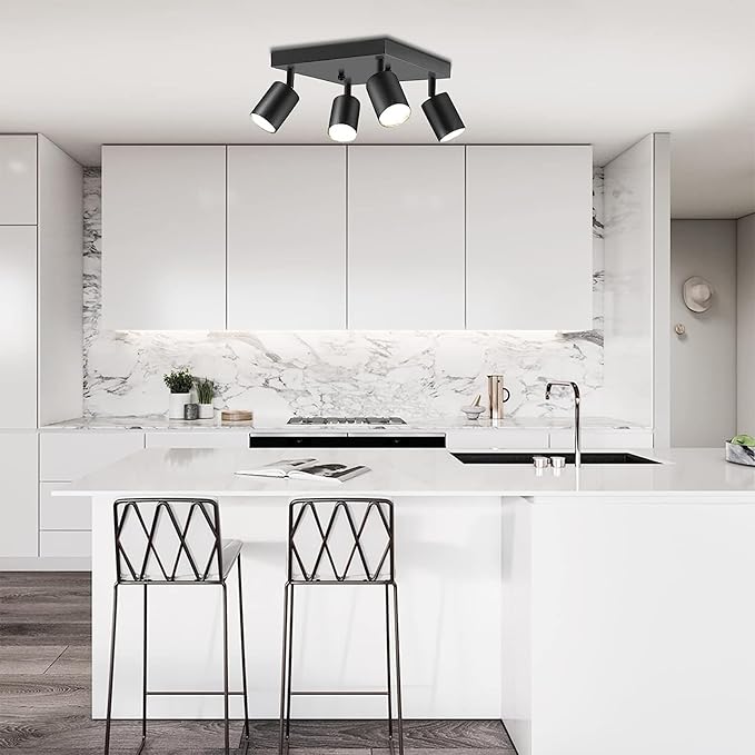 Ketom Ceiling Spot Lights Indoor: 4 Lights Led Flush Mount Ceiling Light Fixture GU10 Head Modern Black Adjustable Directional Light for Kitchen Bathroom Bedroom Hallway