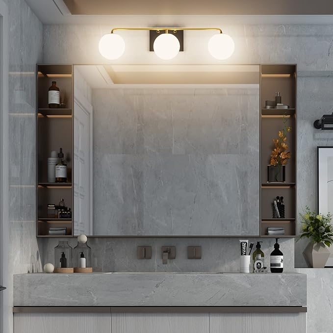 Tipace Mid Century Modern Gold 3-Lights Vanity Light Fixtures with Milky White Glass Ball Shades Industrial Vanity Lighting Over Mirror Wall Sconces for Bathroom Dressing Table Bedroom(Exclude Bulb)
