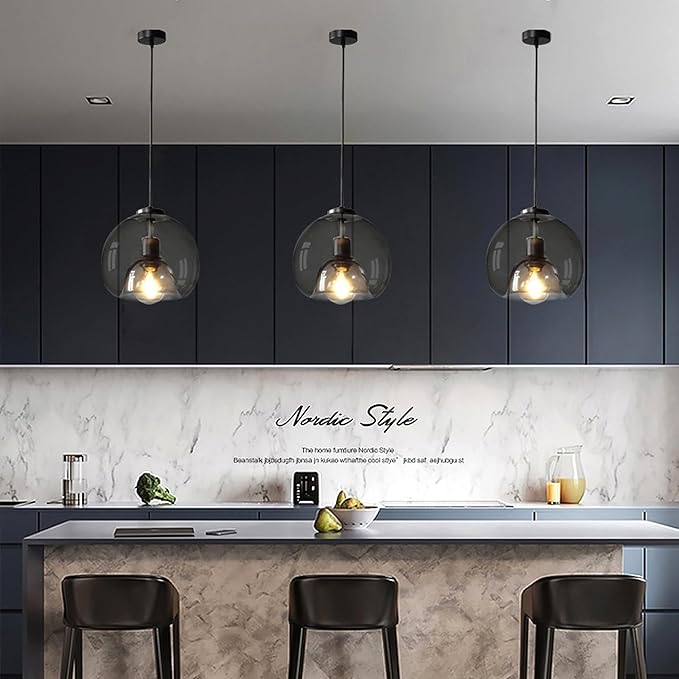 Large Smoke Glass Pendant Light for Kitchen Island, Includes Extra Bulb & 4.26FT Adjustable Cord, Modern Pendant Lighting Fixtures for Kitchen, Dining Room, Living Room(9in, 1-Pack)