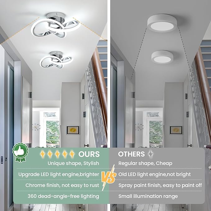 EIDISUNY Modern LED Ceiling Lights, 9.5in Chrome Hallway Ceiling Light fixtures 22W Cool White 6000K, Flush Mount Ceiling Light for Kitchen,Aisle, Entrance, Bedroom, Bathroom, Living Room
