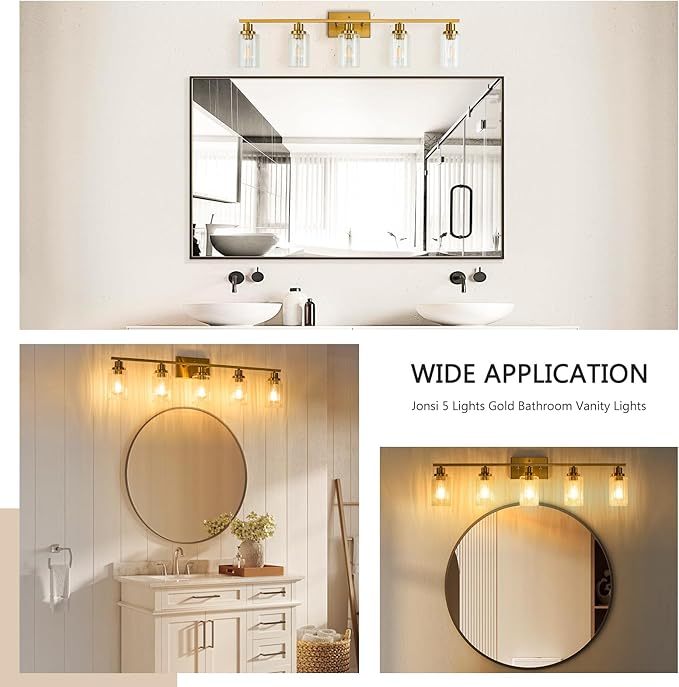 Jonsi Gold 5-Light Bathroom Vanity Light with Glass Shade, Modern Gold Bathroom Lights Over Mirror, W 40.2 x H 10.7 inches