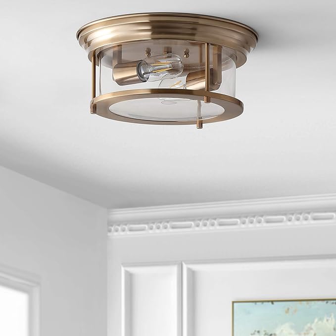 JONATHAN Y 13.25" Brass Gold 2-Light LED Flush Mount Ceiling Light Fixture, Modern Clear Glass Drum Shade, Industrial Farmhouse Lighting for Kitchen Hallway Bedroom JYL7446A