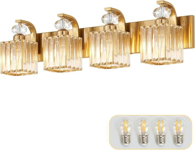 Modern Bathroom Vanity Light, 4-Light Gold Bathroom Lighting Fixtures Over Mirror, 28.4" Crystal Wall Light Sconce for Bathroom/Bedroom/Vanity, Includes LED Bulbs, Easy Installation