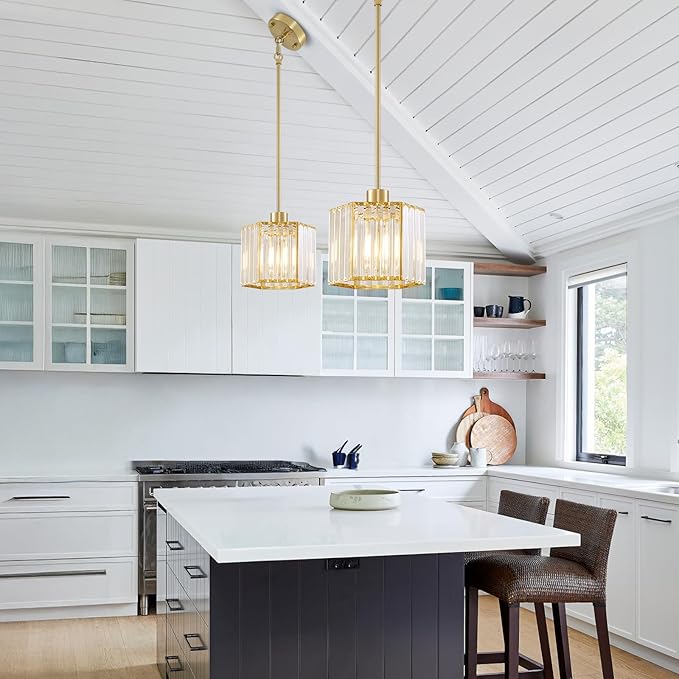 XSDeTu 2 Pack Gold Pendant Lights Kitchen Island, Modern Crystal Pendant Light Fixtures, 1-Light Small Farmhouse Chandelier, Adjustable Brass Hanging Light Fixture for Dining Room, Hallway, Bedroom