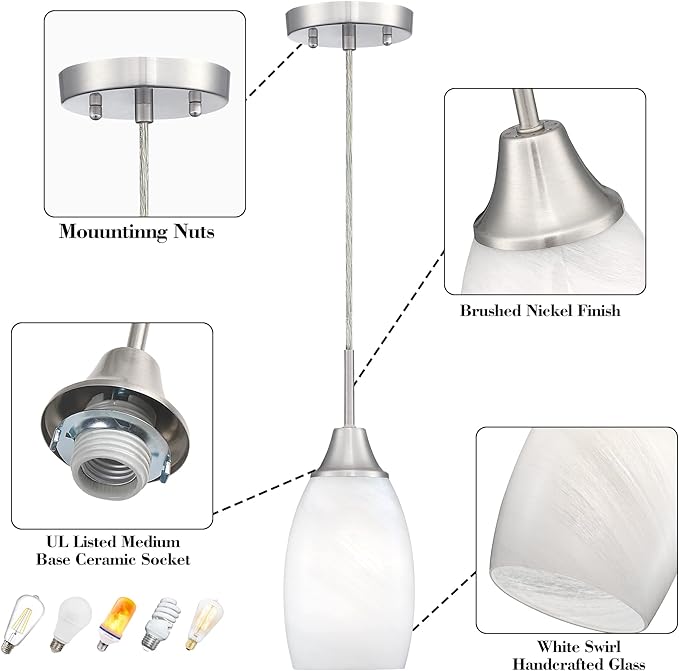 Viinew Mini Glass Pendant Light 4.72" White Swirl Pendant Lights 3-Pack Handblown White Art Oval Glass Hanging Pendant Light for Kitchen Island Dining Room Living Foyer Hallway Entry