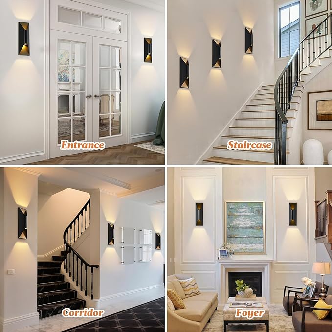 Outdoor Wall Light Fixtures 2 Pack, 15" Up and Down Waterproof Porch Wall Sconce, Replaceable Bulb, 3000K LED, Modern Black Outside Lights for House, Front Door, Garage