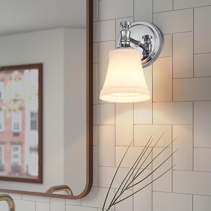 Wall Sconces, Traditional Chrome 1 Light Sconce, Wall Light with Opal Glass Shade for Bedroom Bathroom Living Room & Hallway Vanity Lighting Fixture