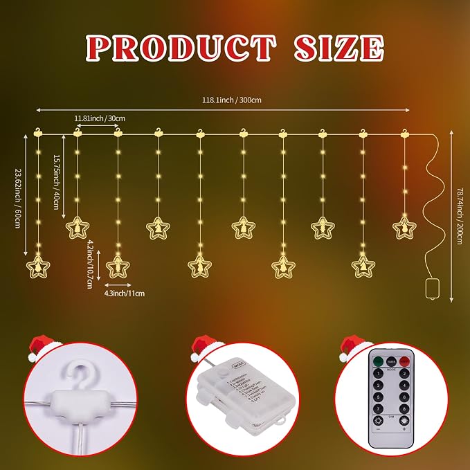 Christmas Star Curtain Lights, Christmas Window Lights Decor with Remote,8 Lighting Modes, IP65 Waterproof, 10 Hooks Christmas Decorations Indoor Outdoor for Bedroom Party Wall Door Window