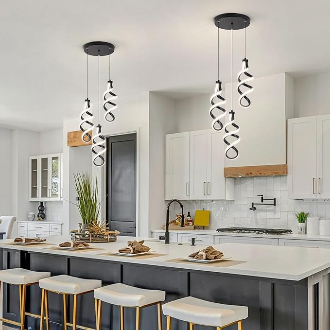 Modern Led Pendant Light Fixture, 45W Black Spiral Led Chandelier Hanging Lamp, 4500K 3 Light Cluster Pendant Lighting, Adjustable Height Pendant Light for Dining Room Bedroom Kitchen Island (3 Light)