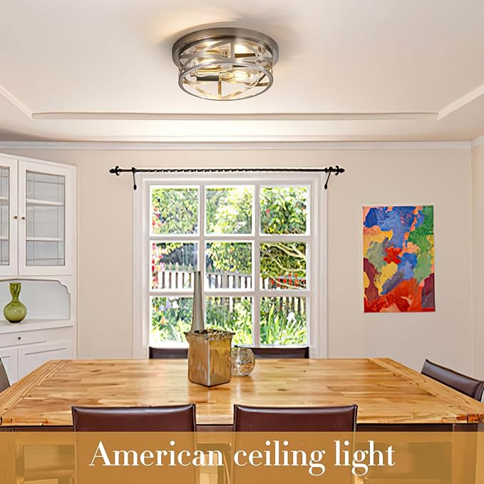 Brushed Nickel Flush Mount Ceiling Light Fixture,2-Light Industrial Farmhouse Ceiling Light Fixture,Brushed Nickel Light Fixture Ceiling Mount for Kitchen Bedroom Living Room 1 Pack