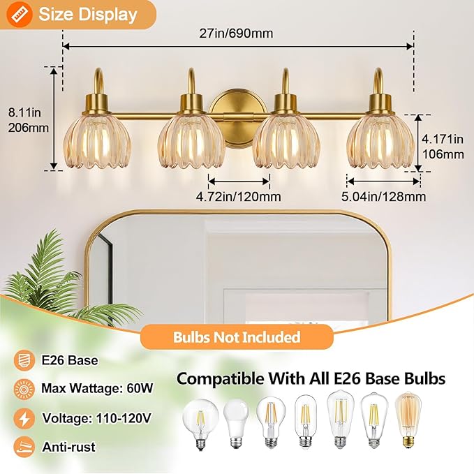 4-Light Bathroom Light Fixtures, 27" Brushed Gold Vanity Lights for Bathroom with Ribbed Amber Tulip Glass Shade, Vintage Bathroom Vanity Lighting Fixtures Over Mirror for Bedroom Living Room Hallway