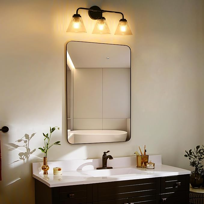 Modern Black Bathroom Vanity Light, 3-Light Wall Sconce with Clear Ribbed Glass Shades, Farmhouse Industrial Light Fixture for Bathroom, Vanity Mirror, Powder Room, Hallway (black, Powder Coated, 3)