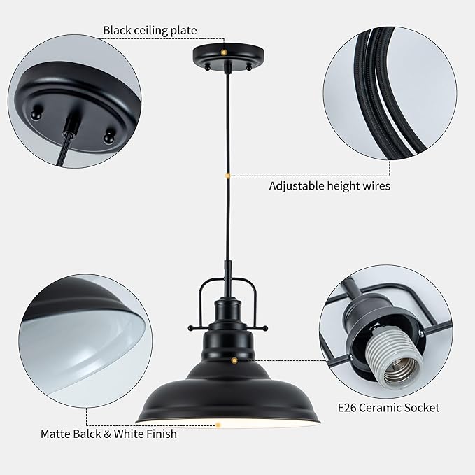 Zlepmlla Famrhouse Pendant Light, Black Pendant Light Fixture with Metal Dome Shade, Adjustable Height Hanging Light for Kitchen Island, Living Room, Bedroom