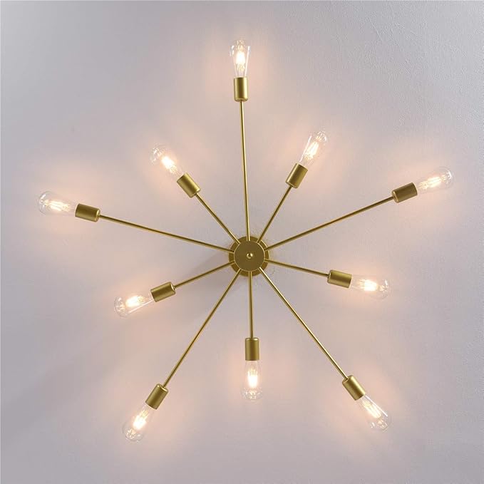 Garwarm 10 Lights Modern Sputnik Chandelier Gold Industrial Ceiling Lamp Mid Century Semi Flush Mount Ceiling Light Fixture for Kitchen Dining Room Living Room Bedroom Foyer Lighting
