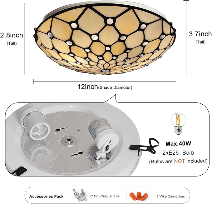 ARTZONE Tiffany Ceiling Lights, Stained Glass Ceiling Light 2-Lights 12 Inch Tiffany Flush Mount Ceiling Light for Bedroom Dining Living Room Entryway Foyer