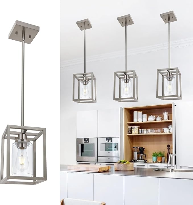 MELUCEE 3-Light Dining Table Light Sloped Ceiling Light Fixture with Clear Glass Shade, Brushed Nickel Pendant Lights Kitchen Island Adjustable Hanging Ceiling Lamp for Hallway Bathroom, 3 Pack
