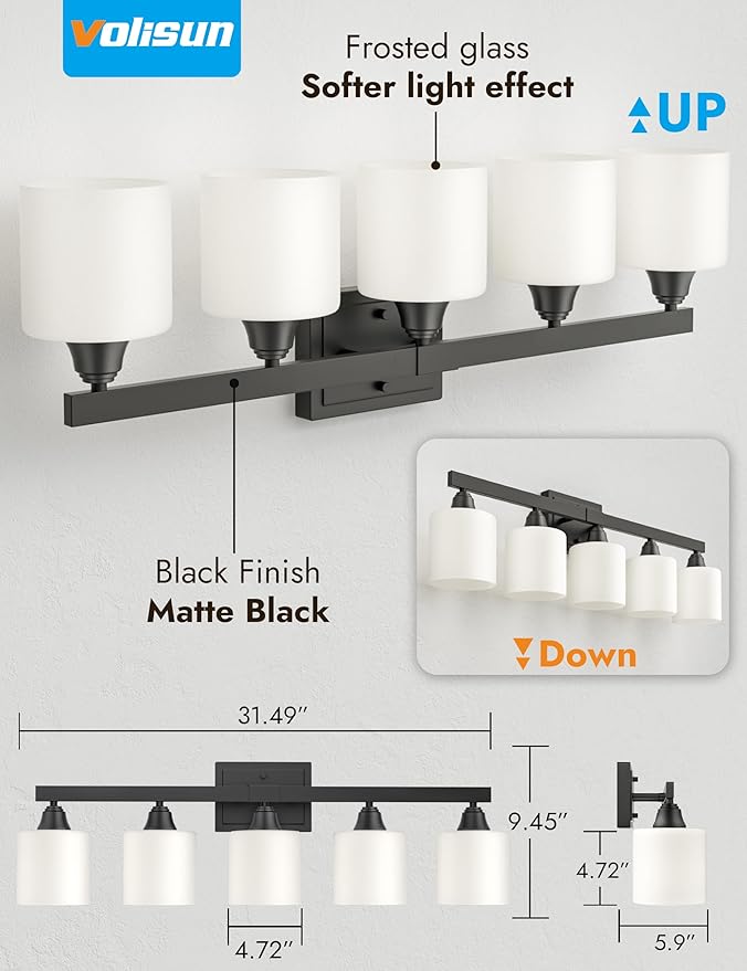 VOLISUN Matte Black Bathroom Light Fixtures, 5-Light Bathroom Vanity Lights Over Mirror, Modern Vanity Light for Bathrooms, Bathrooms Lights Fixtures Over Mirror with Milky White Frosted Glass Shades