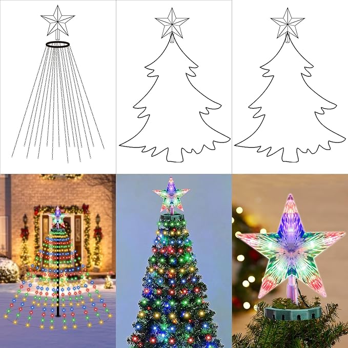 410LED Christmas Tree Lights with Star Topper, Christmas String Lights with Ring for Tree, 6.6FT x 16 Lines Fairy Twinkle Lights 8 Modes Timer Remote for Indoor Outdoor Xmas Tree Decor, Multicolor