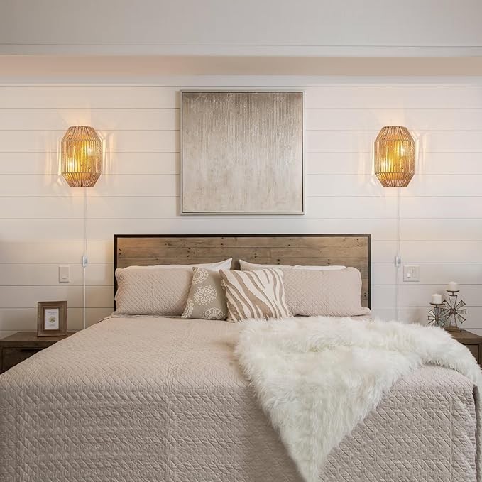 Natural Rattan Plug-in Wall Sconce Set of 2, with Boho Woven Wicker Shade Antique Brass Brush Paint Finish for Vanity Stairway Fireplace Living Room Bedside Passway Hallway