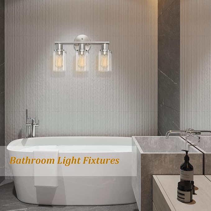 Pia Ricco 3-Light Bathroom Vanity Light Fixtures, Brushed Nickel Vanity Lights with Clear Glass Shades,Modern Wall Lights Over Mirror, Bath Wall Sconces for Mirror Living Room Bedroom Hallway
