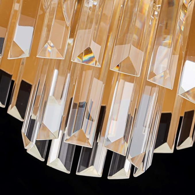 3-Light Luxury K9 Crystal Ceiling Light for Living Room, Foyer, Bedroom, Close to Ceiling Semi-Flushmount Light Fixture, Brass Finish Metal Lampshade & Clear Crystal Pendant