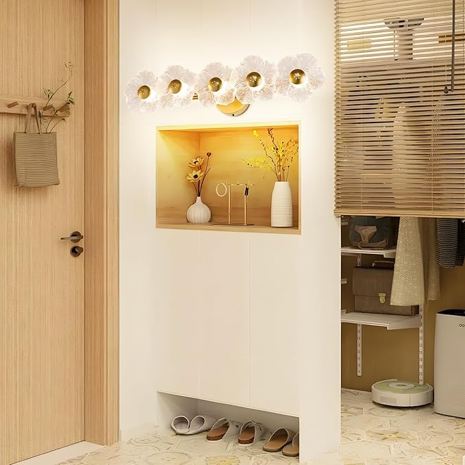 26.7" Gold Bathroom Light Fixtures 5 Light Floral Vanity Lights, 3-Color Dimmable Bathroom Vanity Light Elegant Led Wall Lights Cordless Wall Sconces for Decor,Bathroom,Livingroom