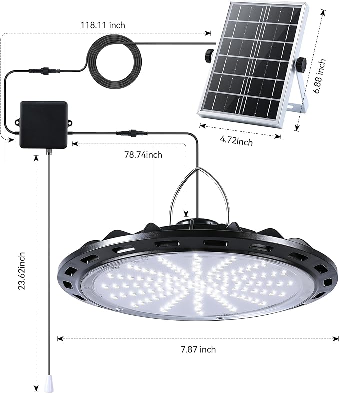 Solar Shed Light Indoor Outdoor, 2000LM Solar Pendant Light Daytime Available Pull Cord with 2 Brightness Modes, IP65 Waterproof Ceiling Lamp for Barn, Garage, Shop, Gazebo