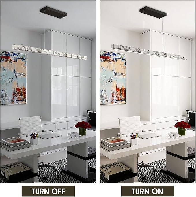 39” Linear Pendant Lights for Kitchen Island, Modern LED Chandelier for Dining Room, Dimmable Hanging Light Fixture with Remote for Office Pool Table, Marble Pattern