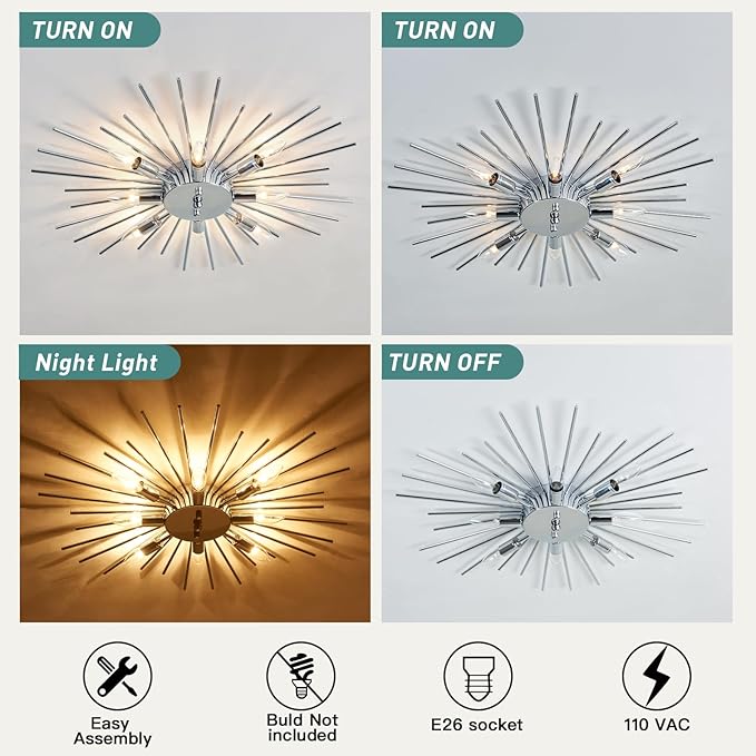 ZGLAOJT Semi Flush Mount 8 Light Ceiling Light Modern Metal Ceiling Lighting Chrome Light Fixture Chandelier for Farmhouse Kitchen Dining Room Bedroom Hallway Living Room