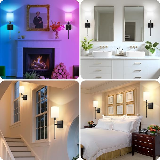 19.9 Inch Black Battery Operated Wall Sconces Set of 2, Rechargeable Wireless Wall Lights with Remote & White Fabric Shade, Indoor Not Hardwired Dimmable Wall Lamps for Living Room, 2 Bulbs Included