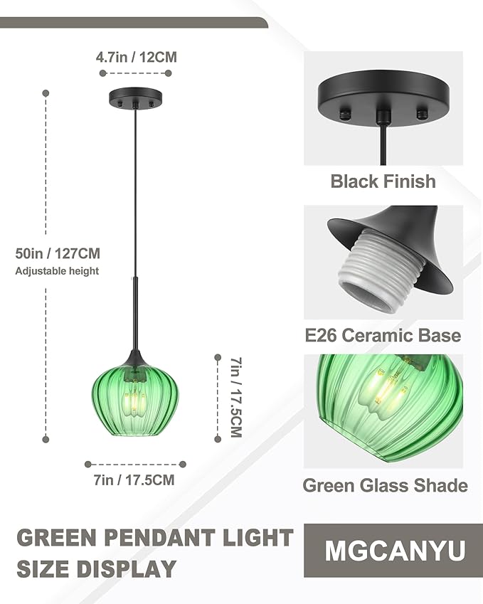 Green Pendant Lights Kitchen Island, 7" Vintage Glass Pendant Lighting Samll Adjustable Hanging Light Fixtures for Kitchen, Dining Room, Sink, Bathroom
