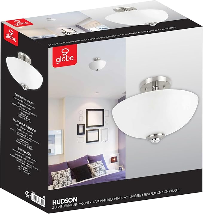 Globe Electric 63357 2-Light Semi-Flush Mount Ceiling Light, Brushed Nickel, Chrome Accents, Frosted Glass Shade, Lighting for Kitchen, Bathroom, Bedroom, or Dining Room, Home Decor