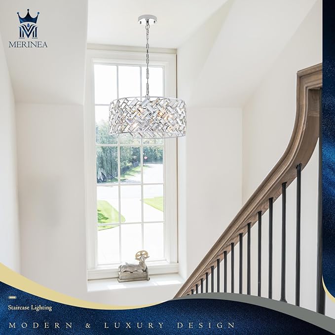 Chrome Crystal Chandelier, 18" Modern Drum Ceiling Light Fixture, 6-Light Semi Flush Mount Pendant with K9 Crystals, Round Hanging Lighting for Dining Room, Living Room, Bedroom, Kitchen, Hallway