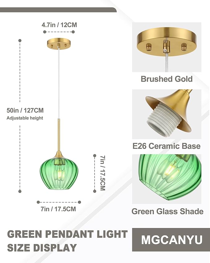 Green Glass Pendant Lights Kitchen Island, 7" Vintage Pendant Lighting with Brushed Gold Adjustable Hanging Light Fixtures for Kitchen, Dining Room, Sink, Bathroom