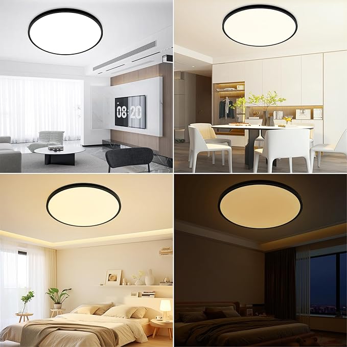24 Inch Large Flush Mount Ceiling Light Fixture, Dimmable with Remote Control, 56W, 5600 Lumen, Modern, Round, Black, for Kitchen, Dining Room, Bedroom, Living Room, Home Office