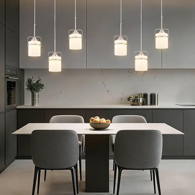 Nickel 3-Light Pendant Lighting, Adjustable Hanging Light Fixture with Milk Glass Shade, Modern Pendant Light for Kitchen Island Dining Room Bar Over Sink/Table/Counter